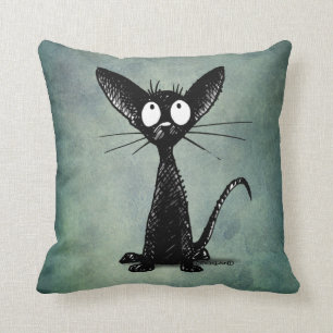 Funny Black Cat Art on a Vintage Blue Green Cushion