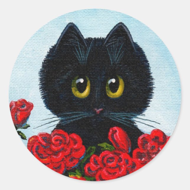 Funny Black Cat Art Roses Creationarts Classic Round Sticker (Front)