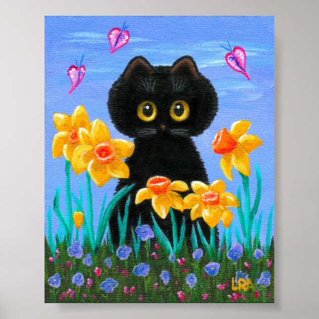 Funny Black Cat Art Spring Daffodils Creationarts Poster (Front)