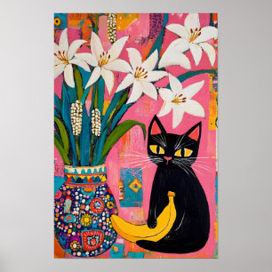 Funny Black cat Banana and Flower Vase Poster