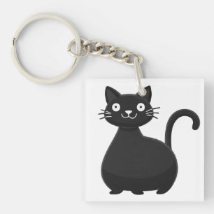 Funny Black Cat Big Eyes Cute Cat Illustration Key Ring