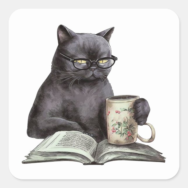 Funny Black Cat Book Lover Bookworm Coffee Reading Square Sticker (Front)
