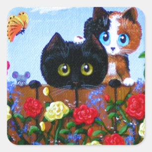 Funny Black Cat Calico Butterfly Creationarts Square Sticker