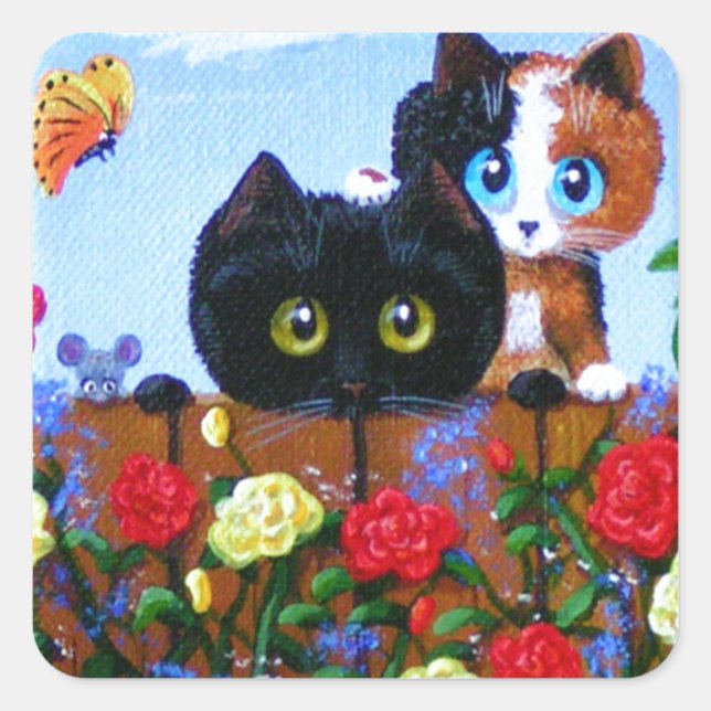 Funny Black Cat Calico Butterfly Creationarts Square Sticker (Front)