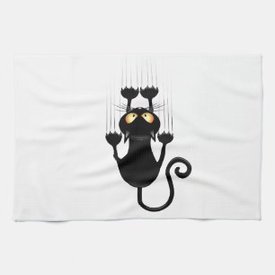 Funny Black Cat Cartoon Scratching Wall Tea Towel