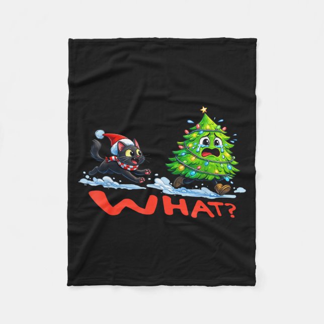 Funny Black Cat Chasing Christmas Tree Over Cat Wh Fleece Blanket (Front)
