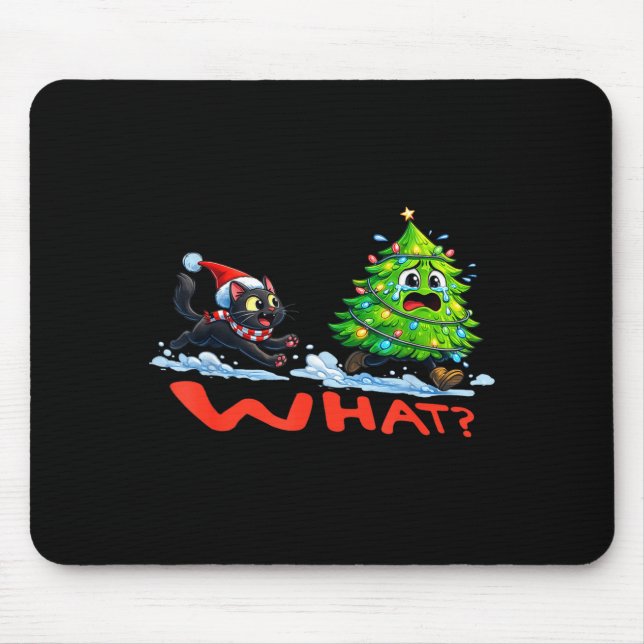 Funny Black Cat Chasing Christmas Tree Over Cat Wh Mouse Mat (Front)