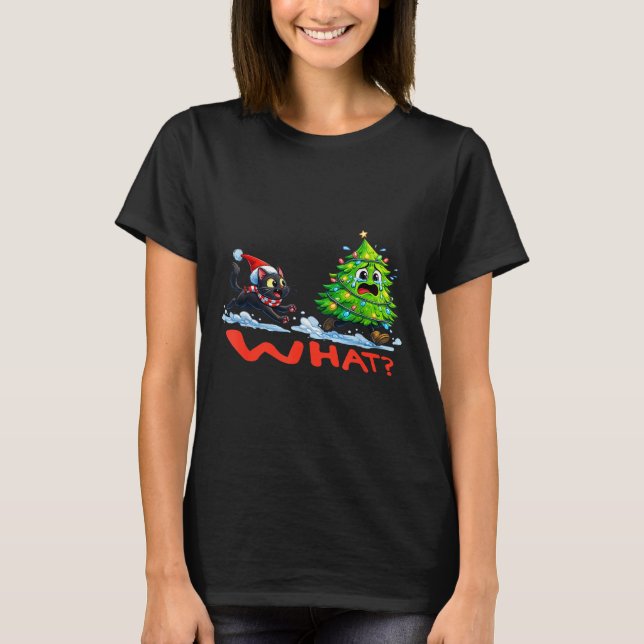 Funny Black Cat Chasing Christmas Tree Over Cat Wh T-Shirt (Front)