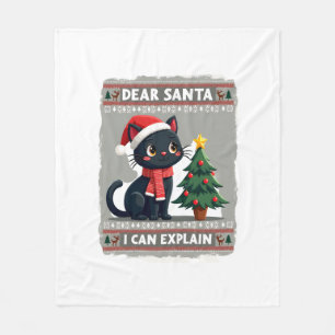 Funny Black Cat Christmas Dear Santa, I Can Explai Fleece Blanket