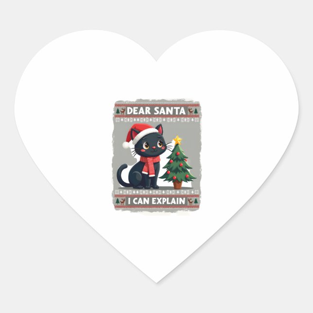 Funny Black Cat Christmas Dear Santa, I Can Explai Heart Sticker (Front)