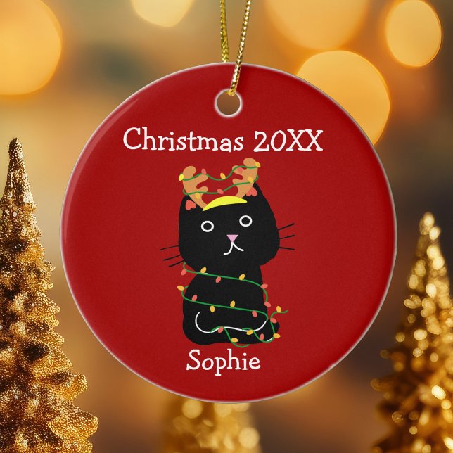 Funny Black Cat Christmas Drawing Monogram Red Ceramic Tree Decoration (Creator Uploaded)