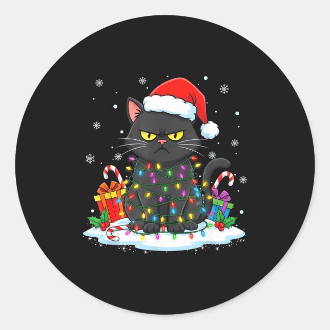 Funny Black Cat Christmas For Men Women Youth Girl Classic Round Sticker (Front)