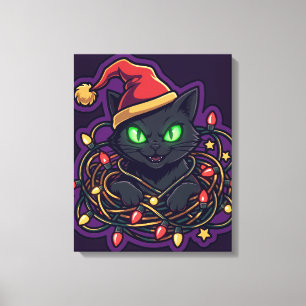 Funny Black Cat Christmas Lights Canvas Print