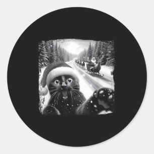 Funny Black Cat Christmas Selfie Santa Sleigh Snow Classic Round Sticker