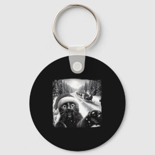 Funny Black Cat Christmas Selfie Santa Sleigh Snow Key Ring