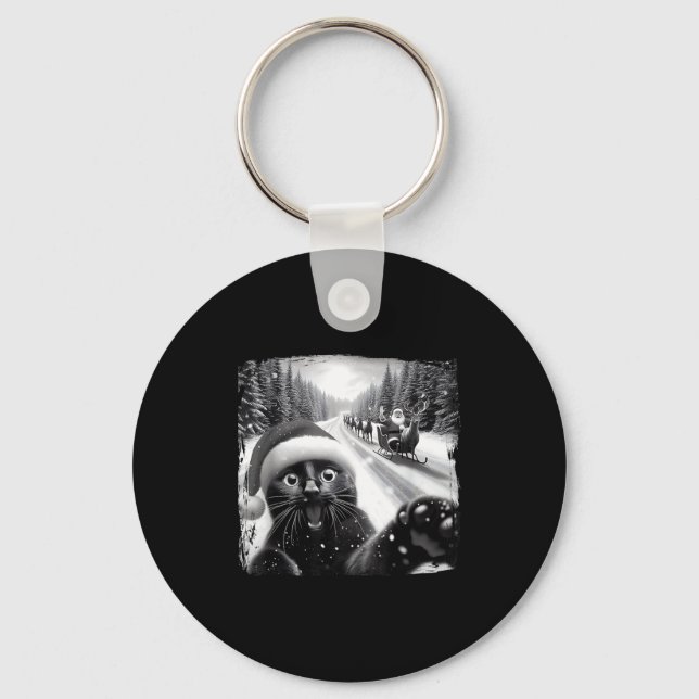 Funny Black Cat Christmas Selfie Santa Sleigh Snow Key Ring (Front)