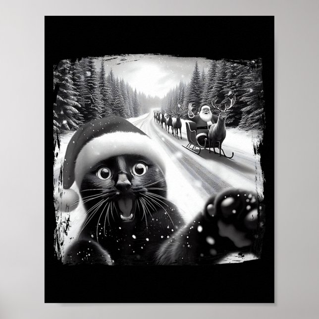 Funny Black Cat Christmas Selfie Santa Sleigh Snow Poster (Front)
