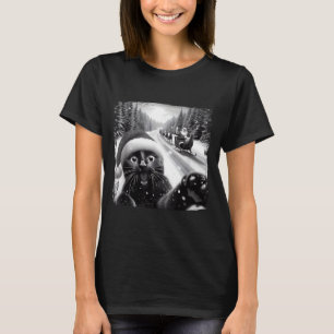 Funny Black Cat Christmas Selfie Santa Sleigh Snow T-Shirt