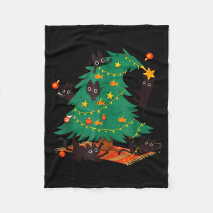 Funny Black Cat Christmas Tree  Fleece Blanket