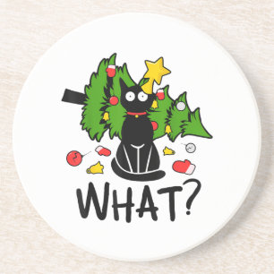 Funny Black Cat Christmas Tree Merry Santa Humor C Coaster