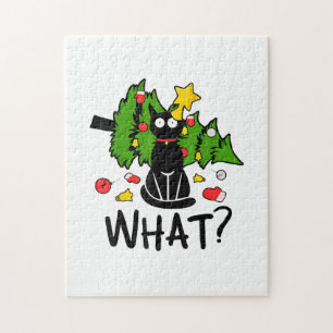 Funny Black Cat Christmas Tree Merry Santa Humor C Jigsaw Puzzle