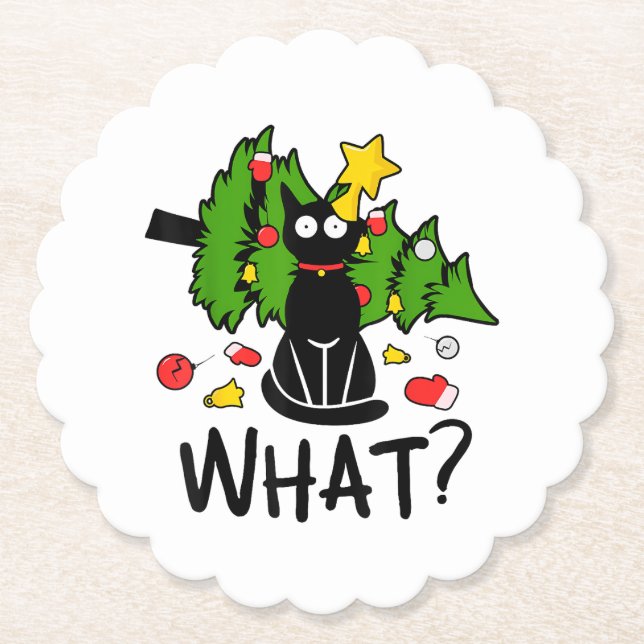 Funny Black Cat Christmas Tree Merry Santa Humor C Paper Coaster (Front)