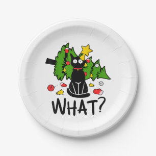 Funny Black Cat Christmas Tree Merry Santa Humor C Paper Plate