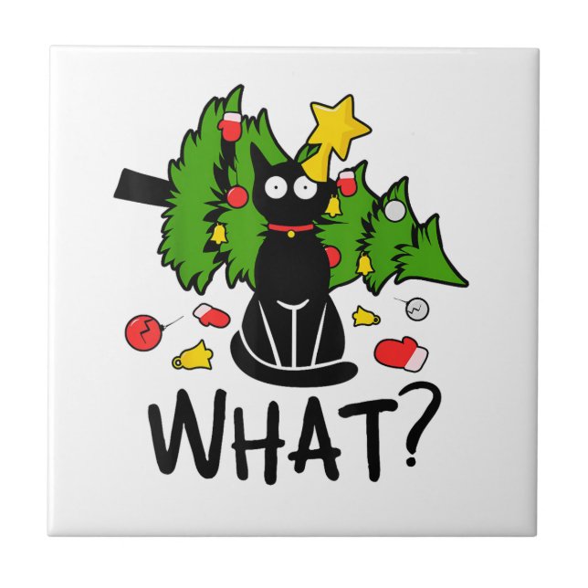 Funny Black Cat Christmas Tree Merry Santa Humor C Tile (Front)