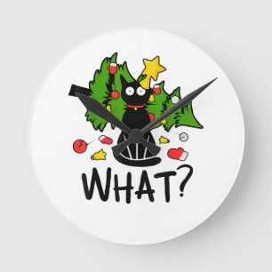 Funny Black Cat Christmas Tree Merry Santa Humour  Round Clock
