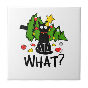 Funny Black Cat Christmas Tree Merry Santa Humour Tile