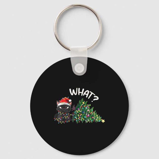 Funny Black Cat Christmas Tree Merry Xmas Humor Ca Key Ring (Front)