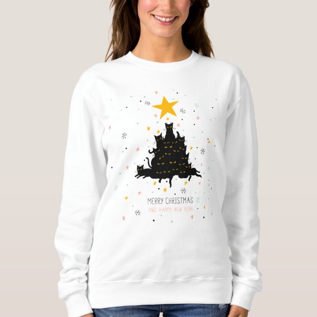Funny Black Cat Christmas Tree Sweatshirt (Front)