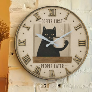 Funny Black Cat Coffee First People Later Cat Love Large Clock