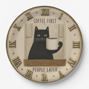 Funny Black Cat Coffee First People Later Cat Love Paper Plate