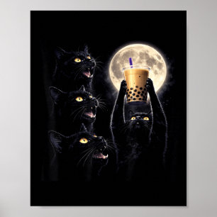 Funny Black Cat Drink Boba Tea Moonlight Men Women Poster