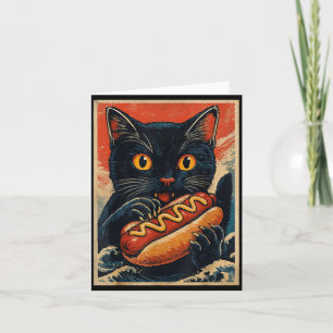 Funny Black Cat Eating Hot Dog Retro Japanese Card