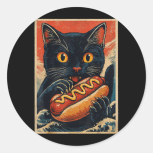 Funny Black Cat Eating Hot Dog Retro Japanese Classic Round Sticker
