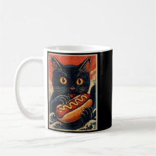 Funny Black Cat Eating Hot Dog Retro Japanese Coffee Mug