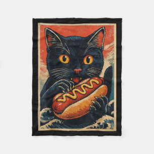 Funny Black Cat Eating Hot Dog Retro Japanese Fleece Blanket