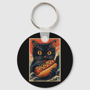 Funny Black Cat Eating Hot Dog Retro Japanese Key Ring