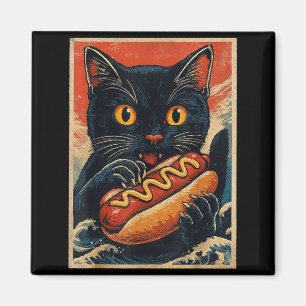 Funny Black Cat Eating Hot Dog Retro Japanese Magnet