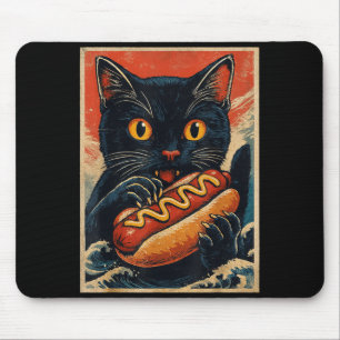 Funny Black Cat Eating Hot Dog Retro Japanese Mouse Mat