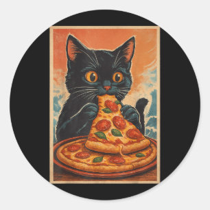 Funny Black Cat Eating Pizza Retro Japanese Classic Round Sticker
