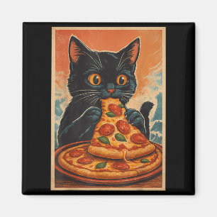Funny Black Cat Eating Pizza Retro Japanese Magnet