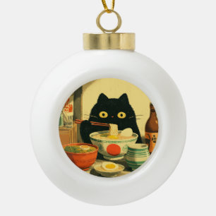 Funny Black Cat Eating Ramen Ceramic Ball Christmas Ornament