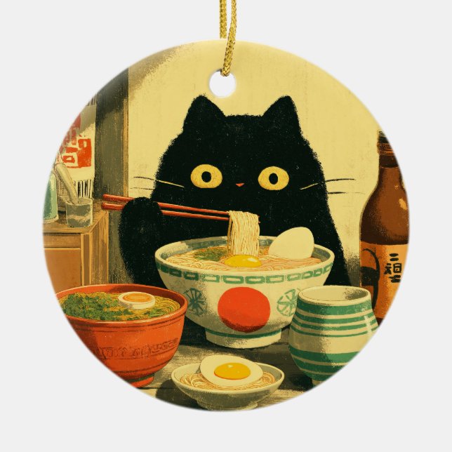 Funny Black Cat Eating Ramen Ceramic Tree Decoration (Front)