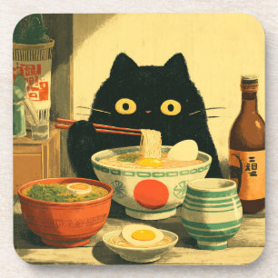 Funny Black Cat Eating Ramen Coaster