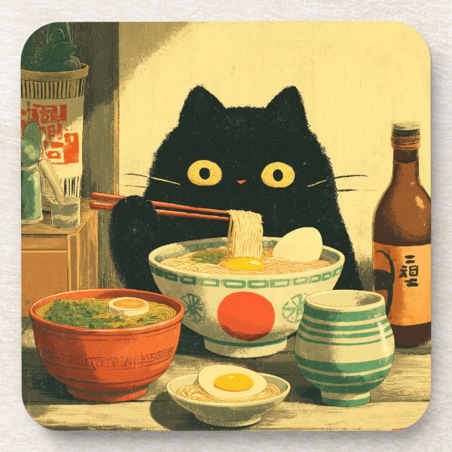 Funny Black Cat Eating Ramen Coaster (Front)