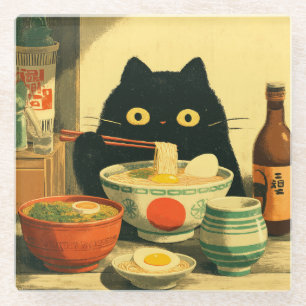 Funny Black Cat Eating Ramen Glass Coaster