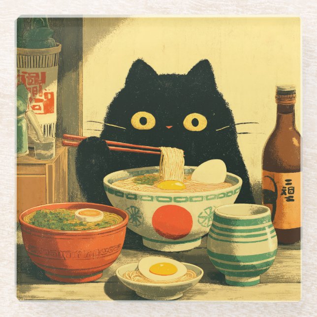 Funny Black Cat Eating Ramen Glass Coaster (Front)